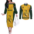 Australia Soccer Couples Matching Off The Shoulder Long Sleeve Dress and Long Sleeve Button Shirt Fowler Matildas - Gold Marble