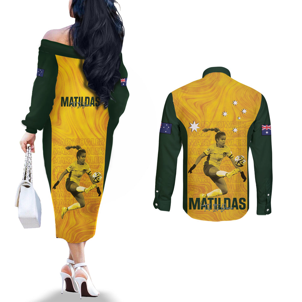 Australia Soccer Couples Matching Off The Shoulder Long Sleeve Dress and Long Sleeve Button Shirt Fowler Matildas - Gold Marble