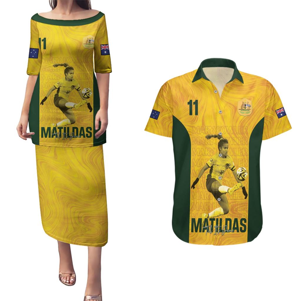 Australia Soccer Couples Matching Puletasi and Hawaiian Shirt Fowler Matildas - Gold Marble
