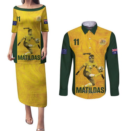 Australia Soccer Couples Matching Puletasi and Long Sleeve Button Shirt Fowler Matildas - Gold Marble