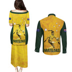 Australia Soccer Couples Matching Puletasi and Long Sleeve Button Shirt Fowler Matildas - Gold Marble
