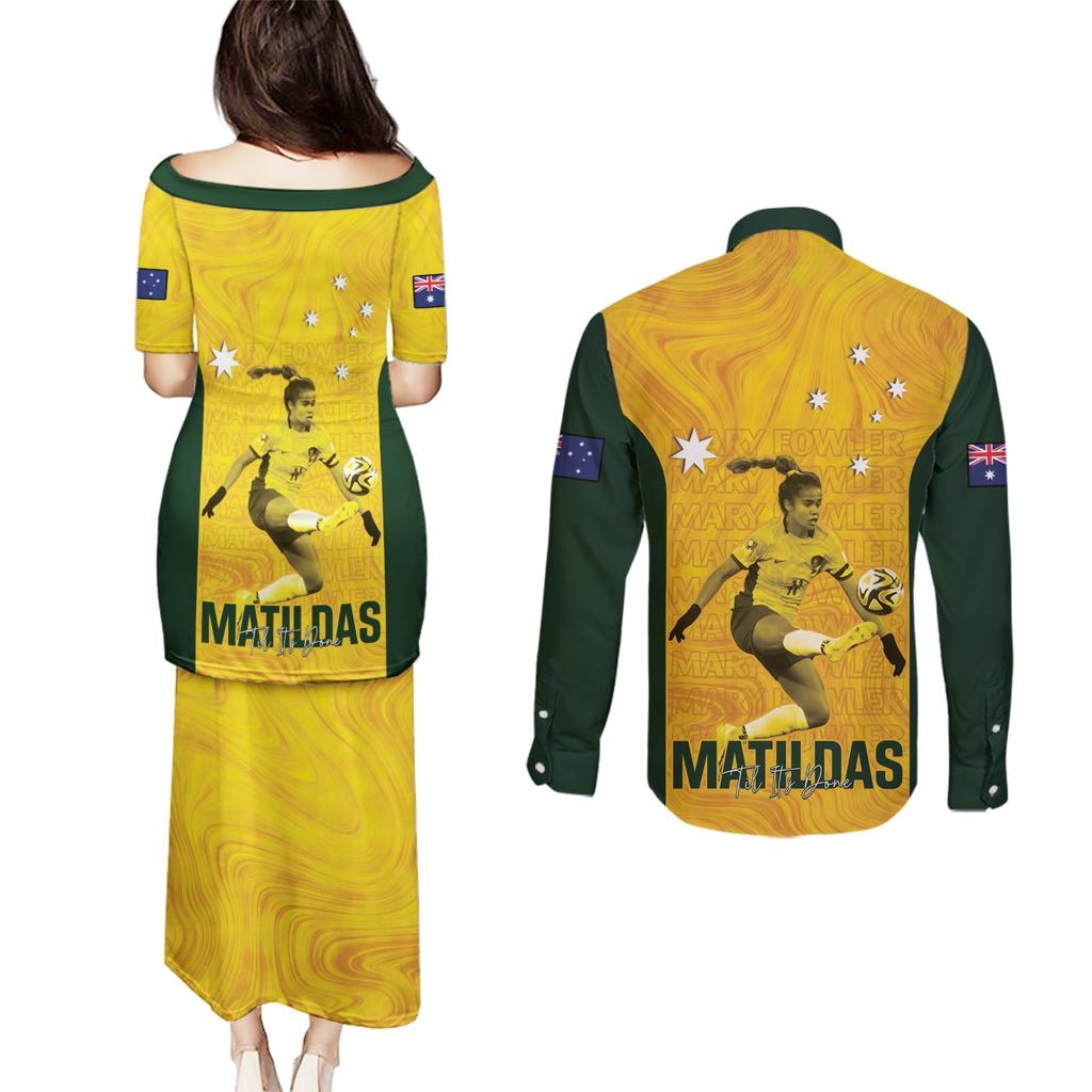 Australia Soccer Couples Matching Puletasi and Long Sleeve Button Shirt Fowler Matildas - Gold Marble