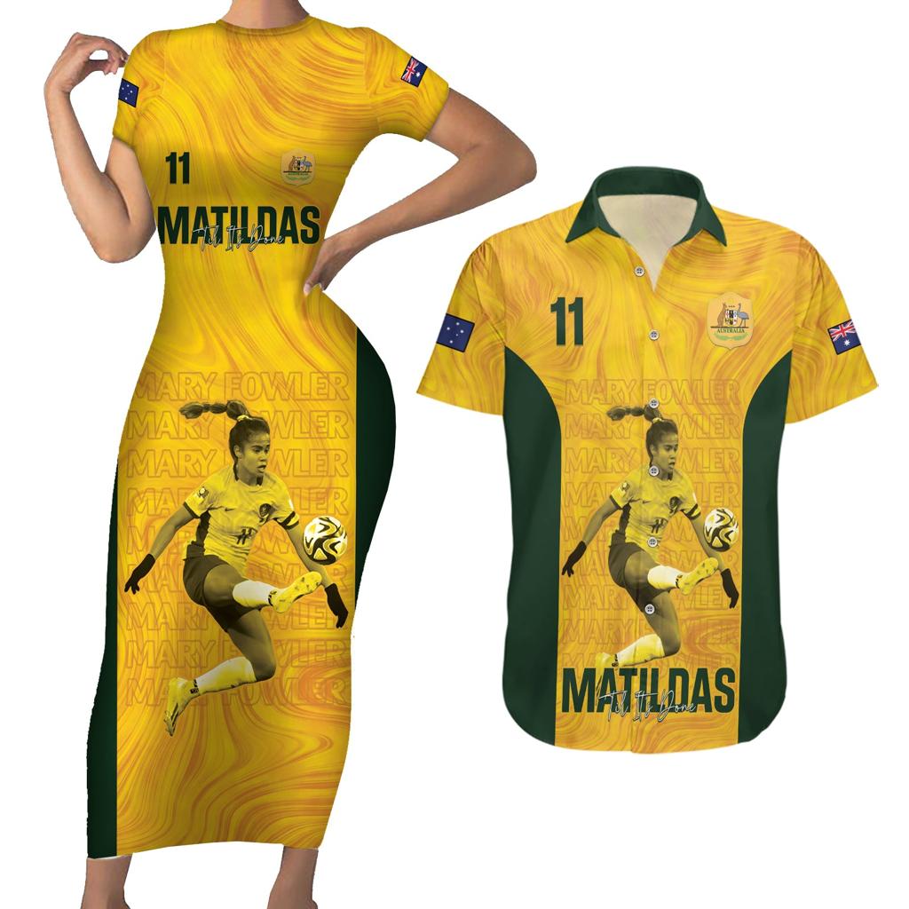 Australia Soccer Couples Matching Short Sleeve Bodycon Dress and Hawaiian Shirt Fowler Matildas - Gold Marble