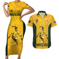 Australia Soccer Couples Matching Short Sleeve Bodycon Dress and Hawaiian Shirt Fowler Matildas - Gold Marble