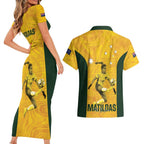 Australia Soccer Couples Matching Short Sleeve Bodycon Dress and Hawaiian Shirt Fowler Matildas - Gold Marble
