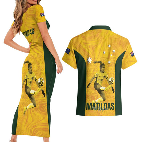 Australia Soccer Couples Matching Short Sleeve Bodycon Dress and Hawaiian Shirt Fowler Matildas - Gold Marble