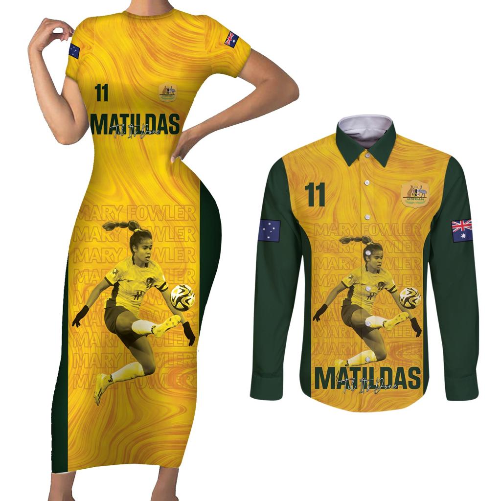 Australia Soccer Couples Matching Short Sleeve Bodycon Dress and Long Sleeve Button Shirt Fowler Matildas - Gold Marble
