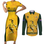 Australia Soccer Couples Matching Short Sleeve Bodycon Dress and Long Sleeve Button Shirt Fowler Matildas - Gold Marble