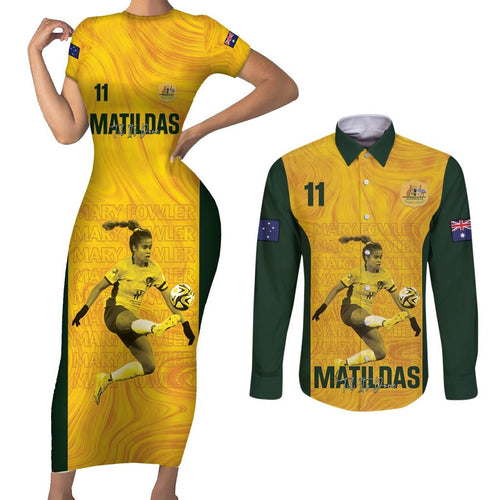 Australia Soccer Couples Matching Short Sleeve Bodycon Dress and Long Sleeve Button Shirt Fowler Matildas - Gold Marble