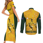 Australia Soccer Couples Matching Short Sleeve Bodycon Dress and Long Sleeve Button Shirt Fowler Matildas - Gold Marble