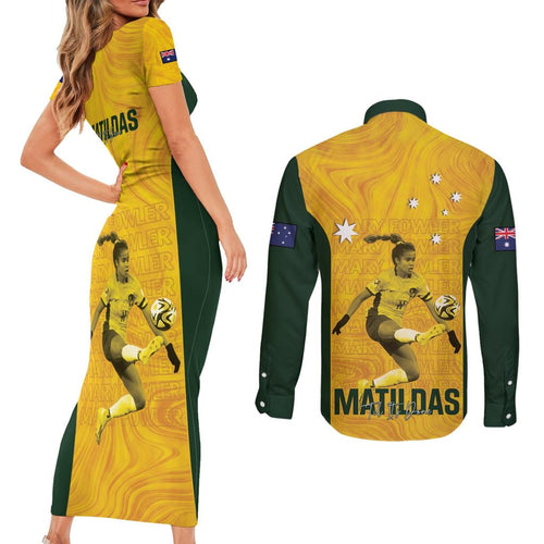 Australia Soccer Couples Matching Short Sleeve Bodycon Dress and Long Sleeve Button Shirt Fowler Matildas - Gold Marble