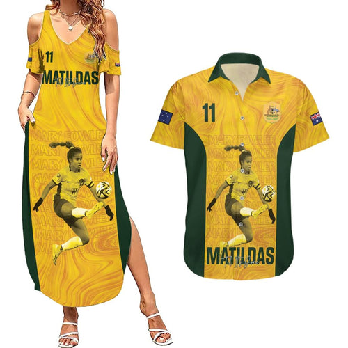 Australia Soccer Couples Matching Summer Maxi Dress and Hawaiian Shirt Fowler Matildas - Gold Marble