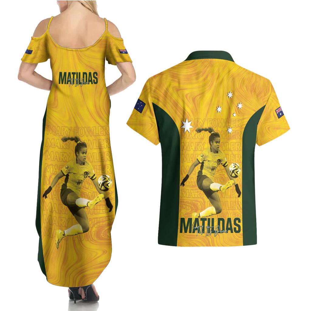 Australia Soccer Couples Matching Summer Maxi Dress and Hawaiian Shirt Fowler Matildas - Gold Marble