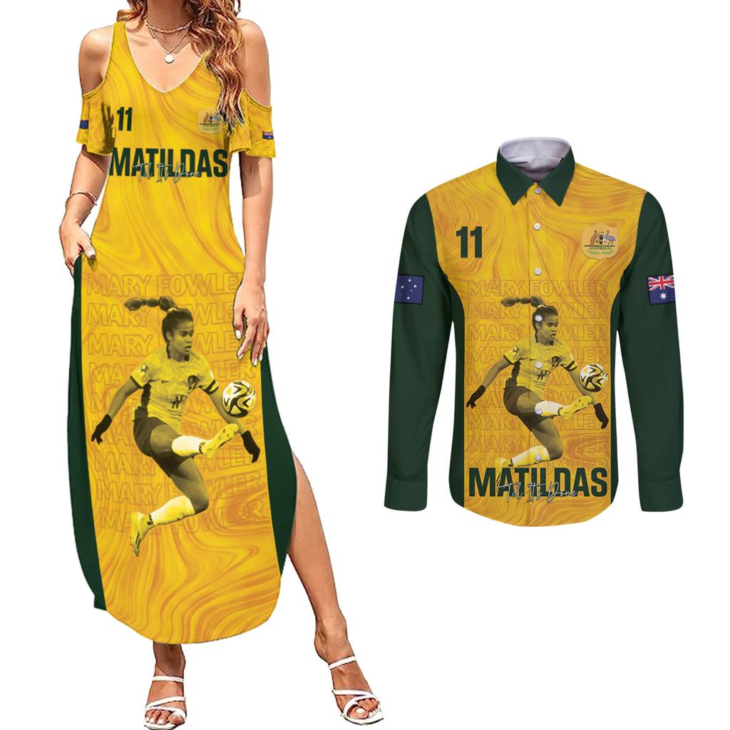 Australia Soccer Couples Matching Summer Maxi Dress and Long Sleeve Button Shirt Fowler Matildas - Gold Marble
