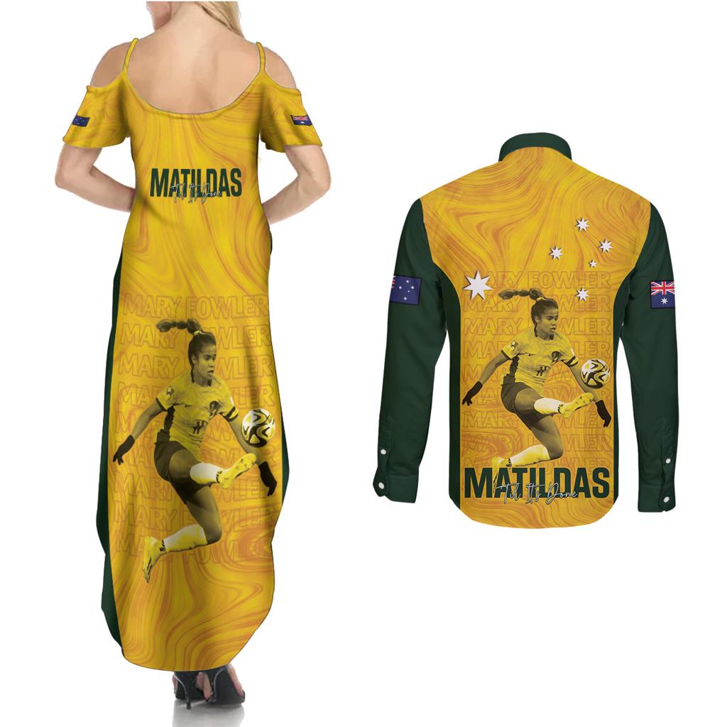Australia Soccer Couples Matching Summer Maxi Dress and Long Sleeve Button Shirt Fowler Matildas - Gold Marble
