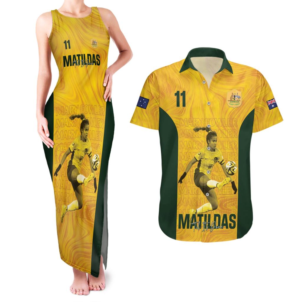 Australia Soccer Couples Matching Tank Maxi Dress and Hawaiian Shirt Fowler Matildas - Gold Marble