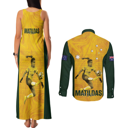 Australia Soccer Couples Matching Tank Maxi Dress and Long Sleeve Button Shirt Fowler Matildas - Gold Marble