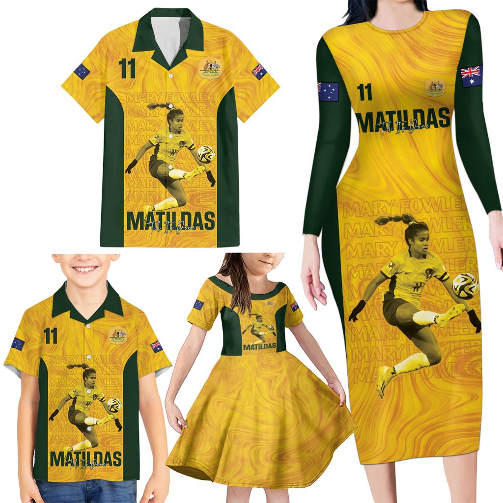 Australia Soccer Family Matching Long Sleeve Bodycon Dress and Hawaiian Shirt Fowler Matildas - Gold Marble