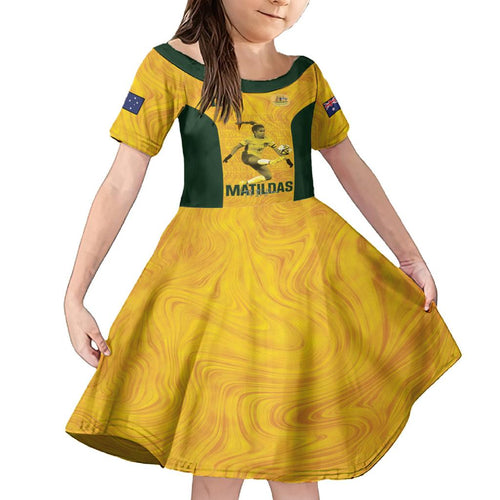 Australia Soccer Family Matching Long Sleeve Bodycon Dress and Hawaiian Shirt Fowler Matildas - Gold Marble