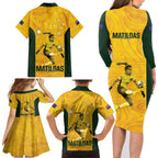 Australia Soccer Family Matching Long Sleeve Bodycon Dress and Hawaiian Shirt Fowler Matildas - Gold Marble