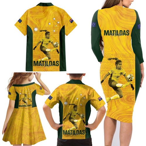 Australia Soccer Family Matching Long Sleeve Bodycon Dress and Hawaiian Shirt Fowler Matildas - Gold Marble