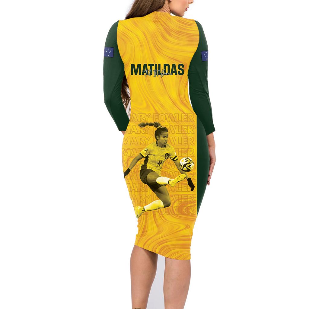 Australia Soccer Family Matching Long Sleeve Bodycon Dress and Hawaiian Shirt Fowler Matildas - Gold Marble
