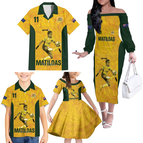 Australia Soccer Family Matching Off The Shoulder Long Sleeve Dress and Hawaiian Shirt Fowler Matildas - Gold Marble