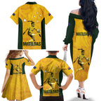 Australia Soccer Family Matching Off The Shoulder Long Sleeve Dress and Hawaiian Shirt Fowler Matildas - Gold Marble