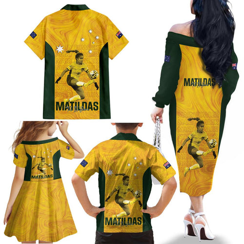 Australia Soccer Family Matching Off The Shoulder Long Sleeve Dress and Hawaiian Shirt Fowler Matildas - Gold Marble