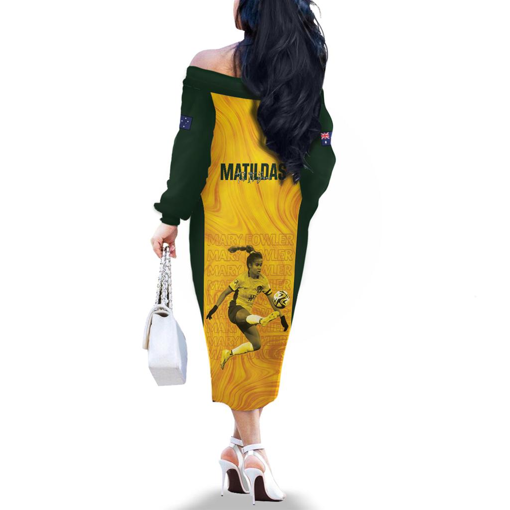 Australia Soccer Family Matching Off The Shoulder Long Sleeve Dress and Hawaiian Shirt Fowler Matildas - Gold Marble