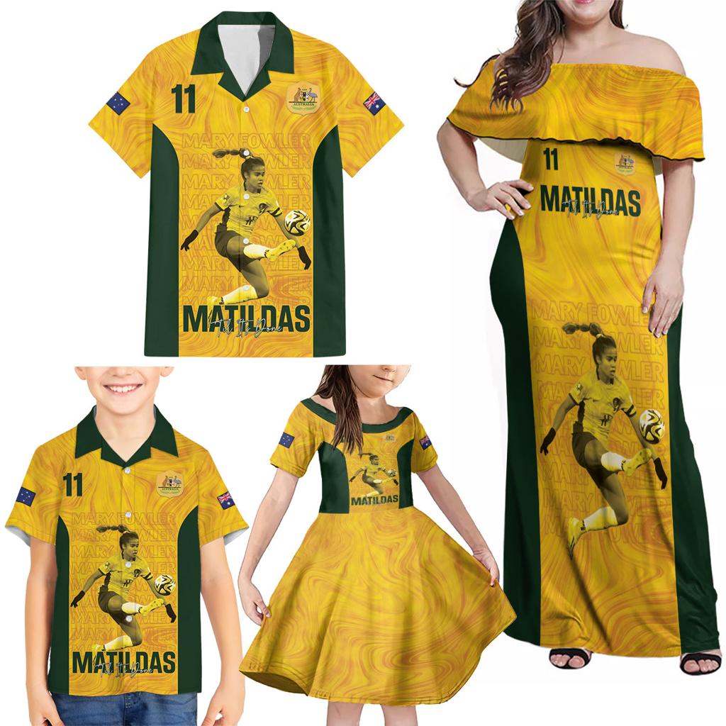 Australia Soccer Family Matching Off Shoulder Maxi Dress and Hawaiian Shirt Fowler Matildas - Gold Marble