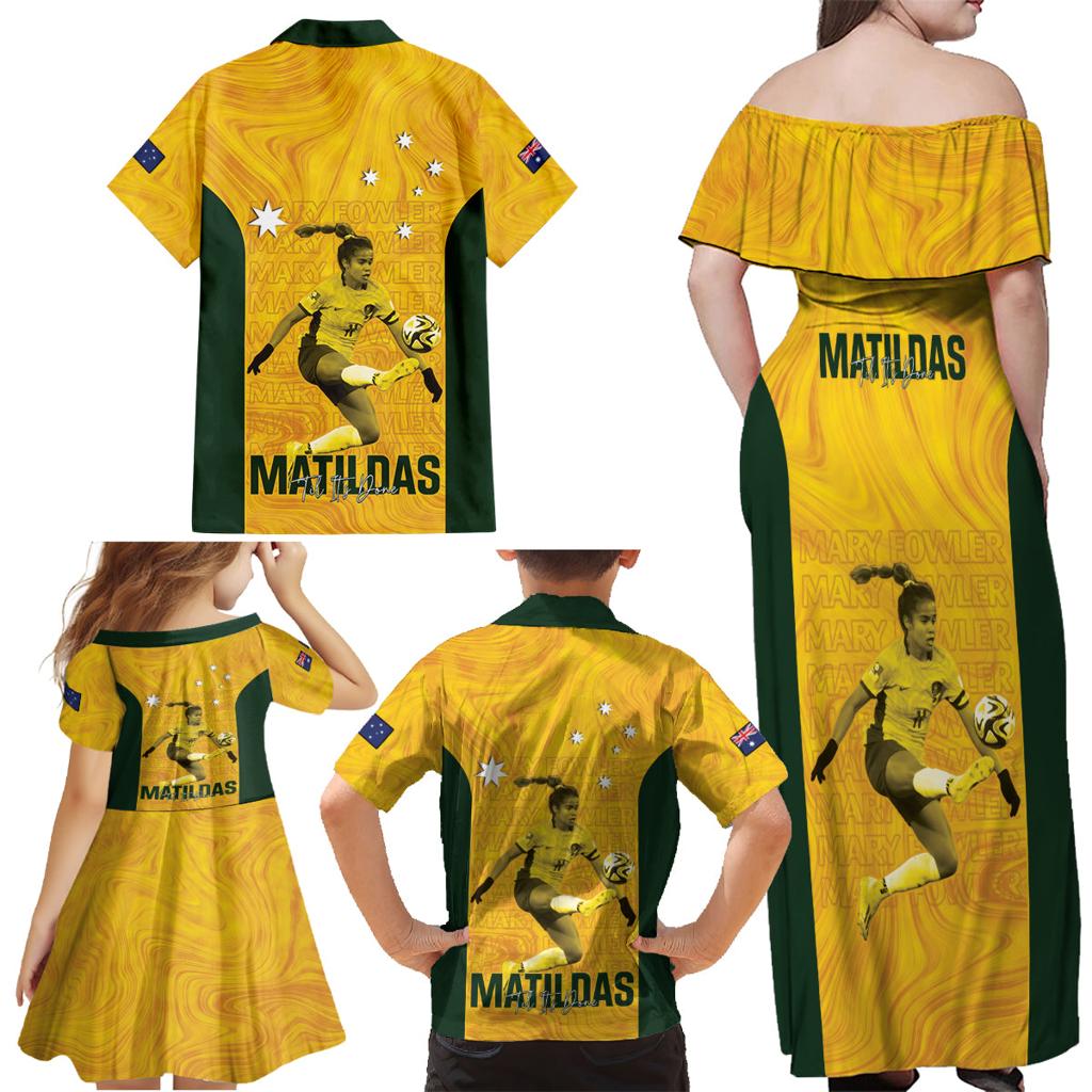 Australia Soccer Family Matching Off Shoulder Maxi Dress and Hawaiian Shirt Fowler Matildas - Gold Marble