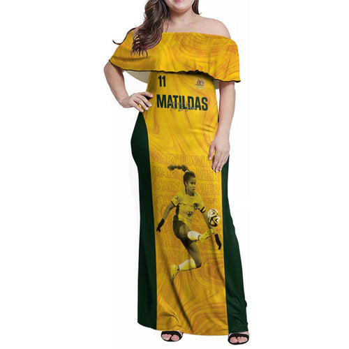 Australia Soccer Family Matching Off Shoulder Maxi Dress and Hawaiian Shirt Fowler Matildas - Gold Marble
