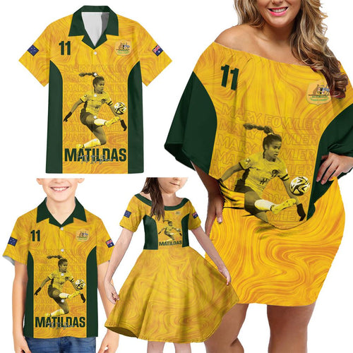 Australia Soccer Family Matching Off Shoulder Short Dress and Hawaiian Shirt Fowler Matildas - Gold Marble