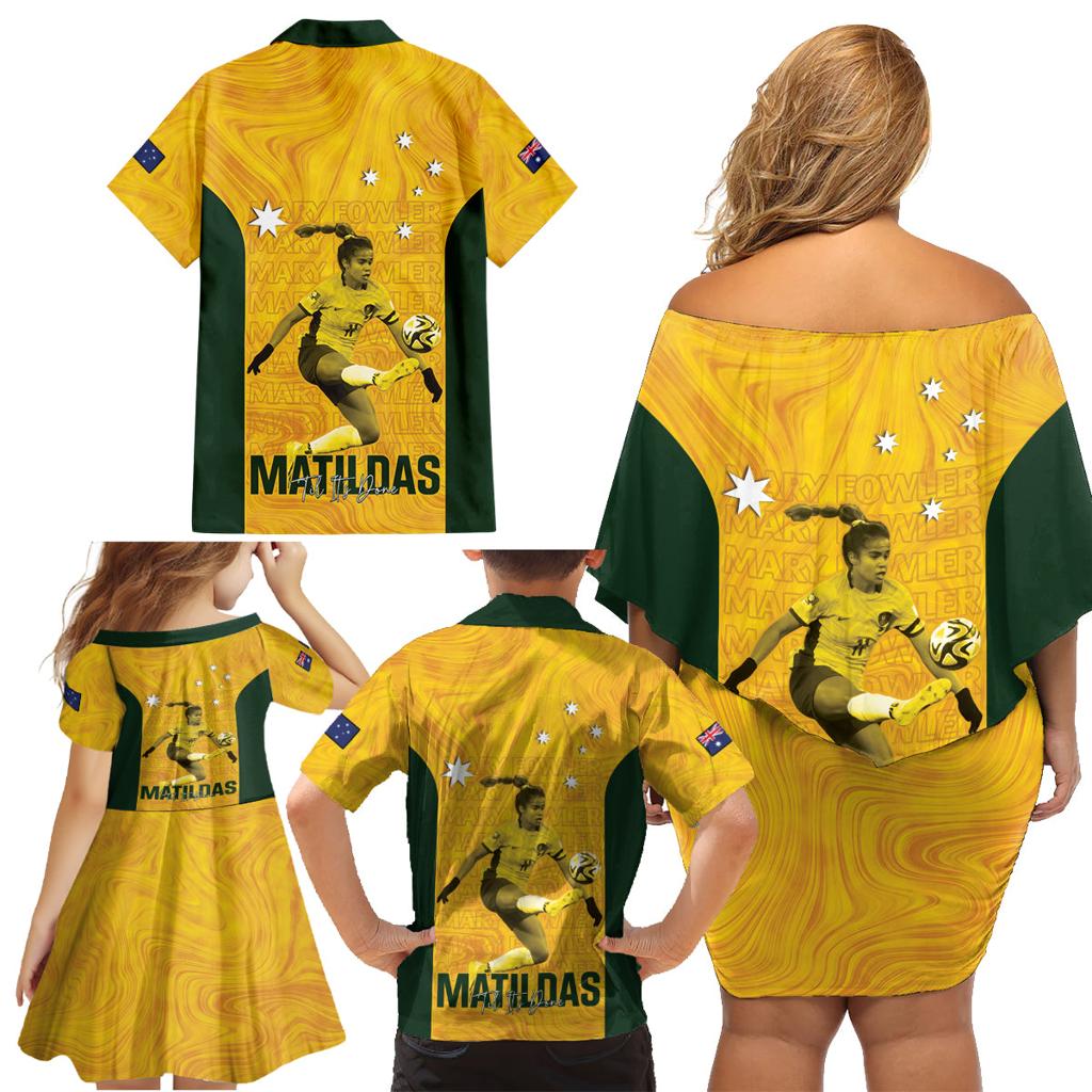 Australia Soccer Family Matching Off Shoulder Short Dress and Hawaiian Shirt Fowler Matildas - Gold Marble