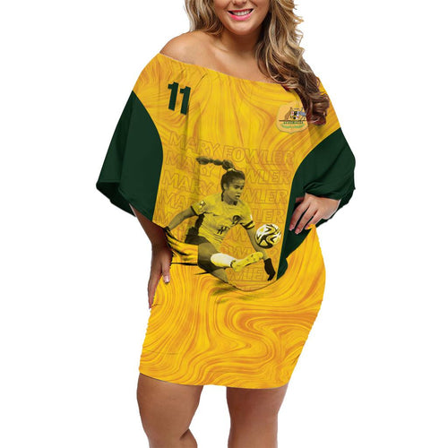 Australia Soccer Family Matching Off Shoulder Short Dress and Hawaiian Shirt Fowler Matildas - Gold Marble