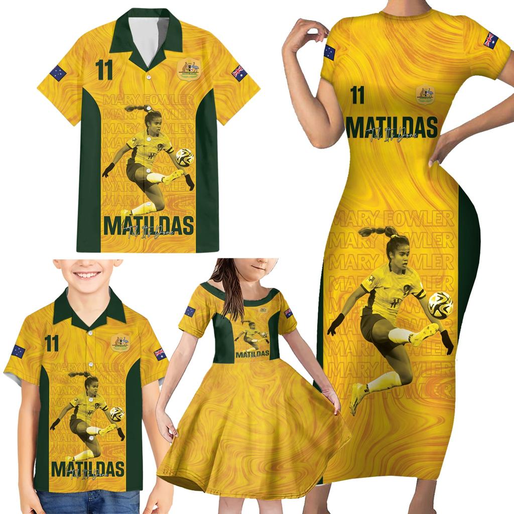 Australia Soccer Family Matching Short Sleeve Bodycon Dress and Hawaiian Shirt Fowler Matildas - Gold Marble