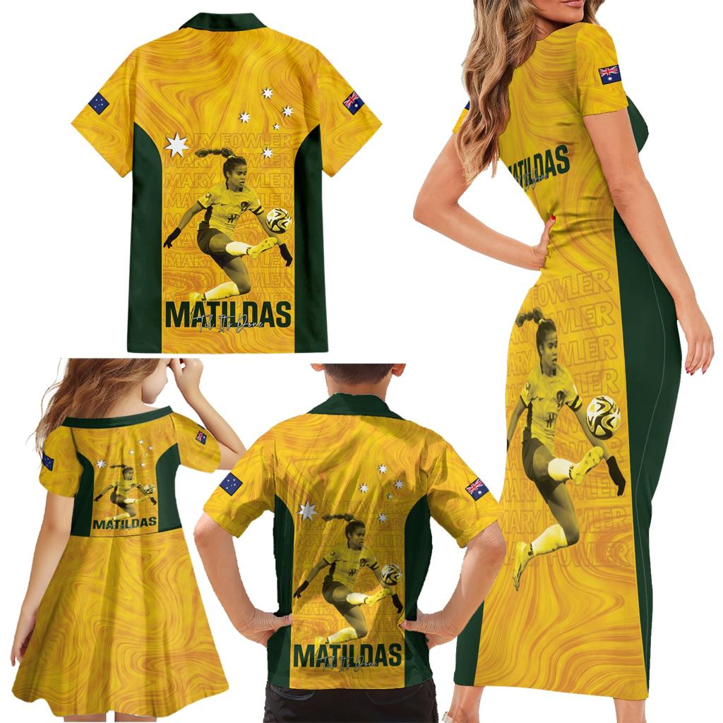 Australia Soccer Family Matching Short Sleeve Bodycon Dress and Hawaiian Shirt Fowler Matildas - Gold Marble