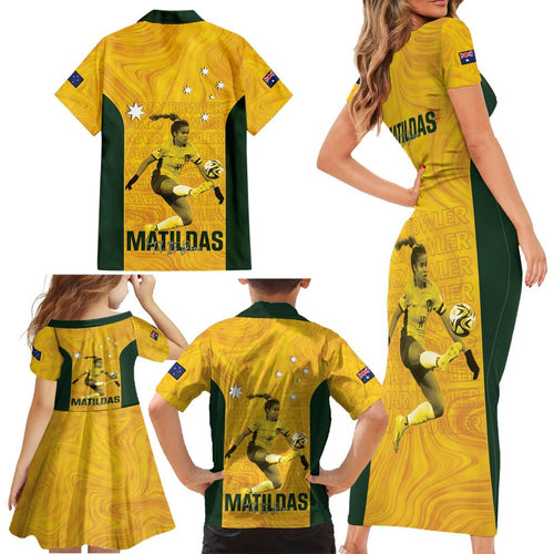 Australia Soccer Family Matching Short Sleeve Bodycon Dress and Hawaiian Shirt Fowler Matildas - Gold Marble