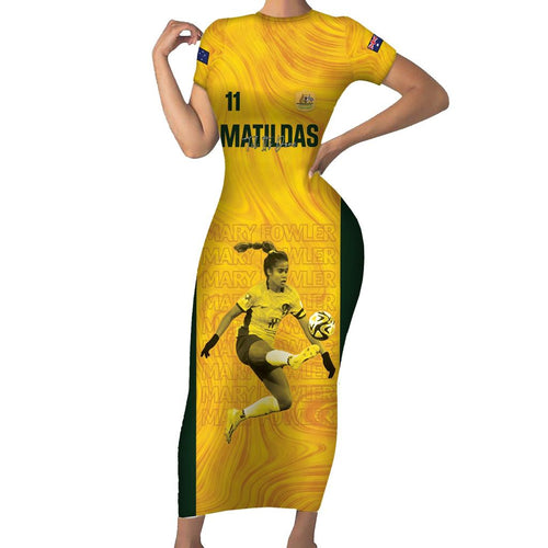 Australia Soccer Family Matching Short Sleeve Bodycon Dress and Hawaiian Shirt Fowler Matildas - Gold Marble
