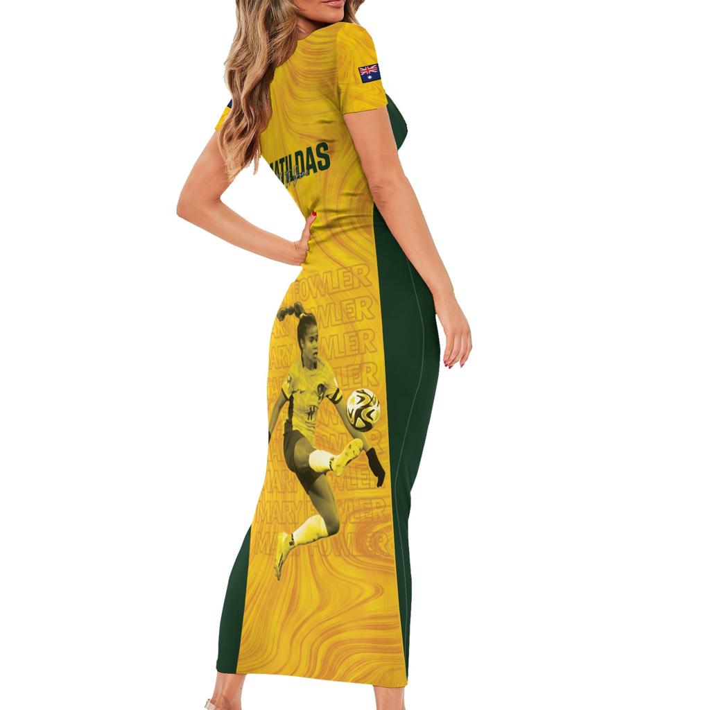 Australia Soccer Family Matching Short Sleeve Bodycon Dress and Hawaiian Shirt Fowler Matildas - Gold Marble