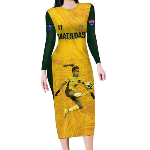 Australia Soccer Long Sleeve Bodycon Dress Fowler Matildas - Gold Marble