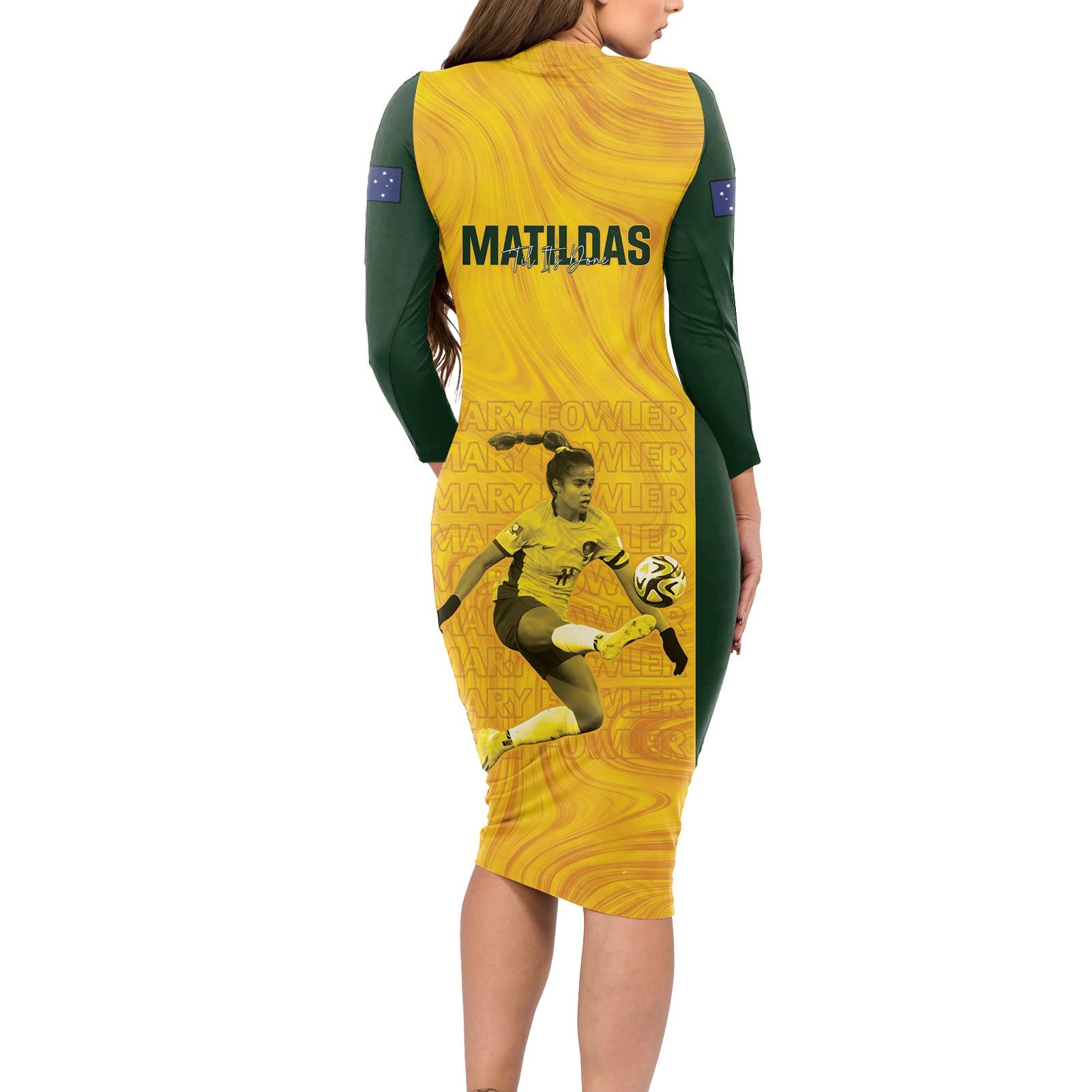 Australia Soccer Long Sleeve Bodycon Dress Fowler Matildas - Gold Marble