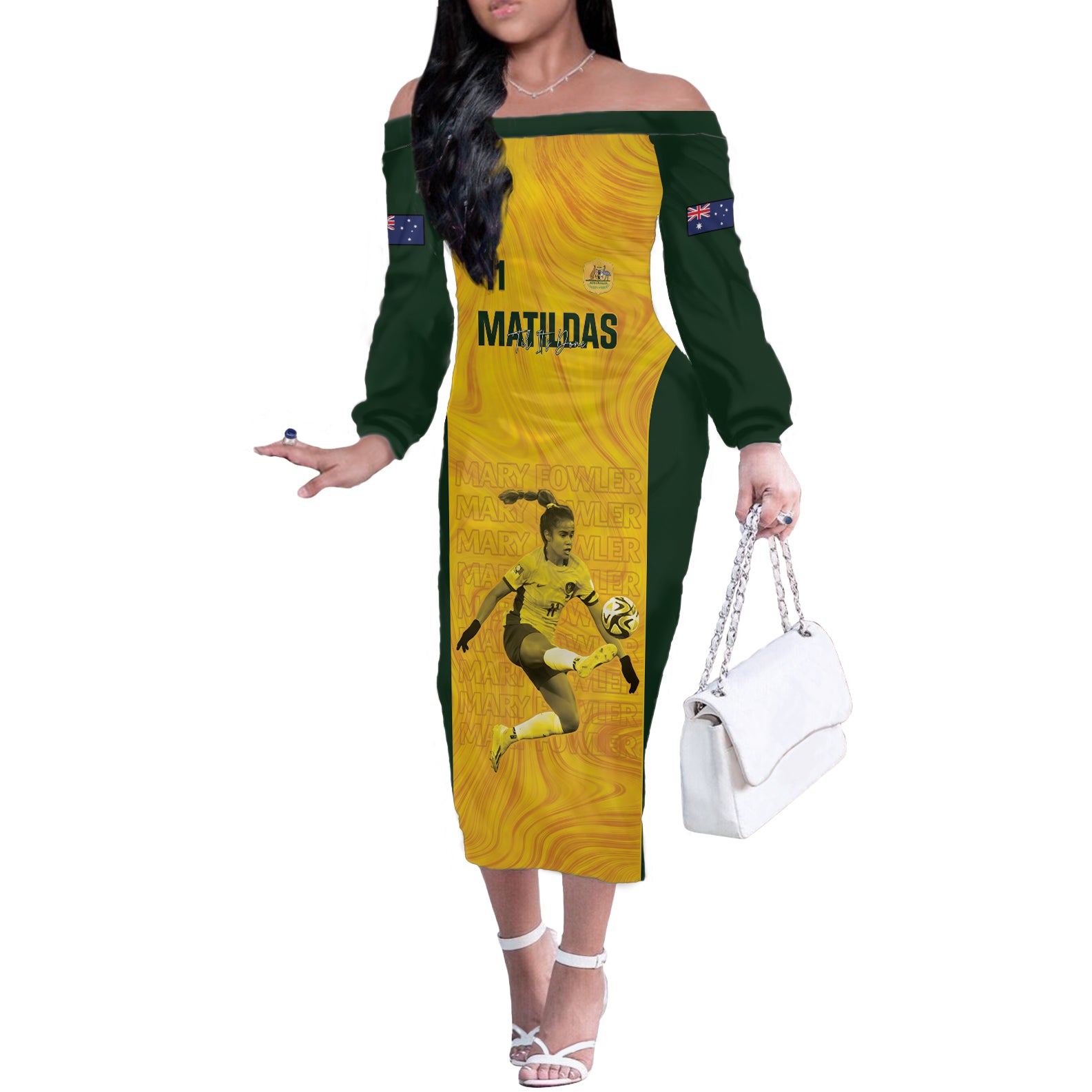 Australia Soccer Off The Shoulder Long Sleeve Dress Fowler Matildas - Gold Marble