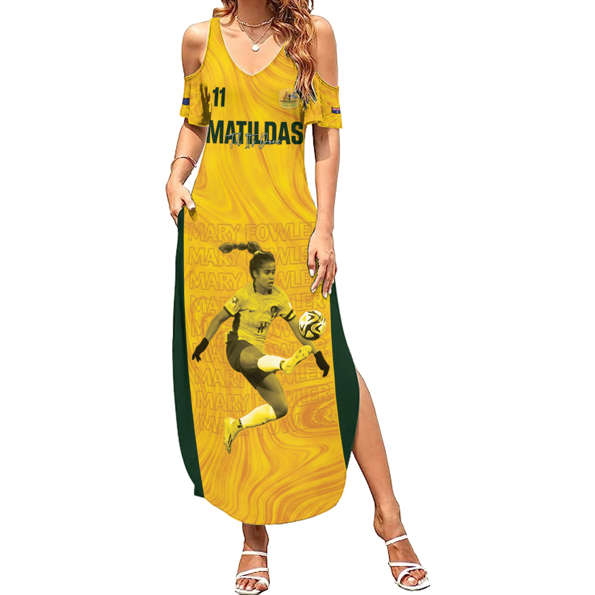 Australia Soccer Summer Maxi Dress Fowler Matildas - Gold Marble