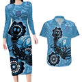 Custom NSW Blues Rugby Couples Matching Long Sleeve Bodycon Dress and Hawaiian Shirt 2024 Platypus Mix Aboriginal Art