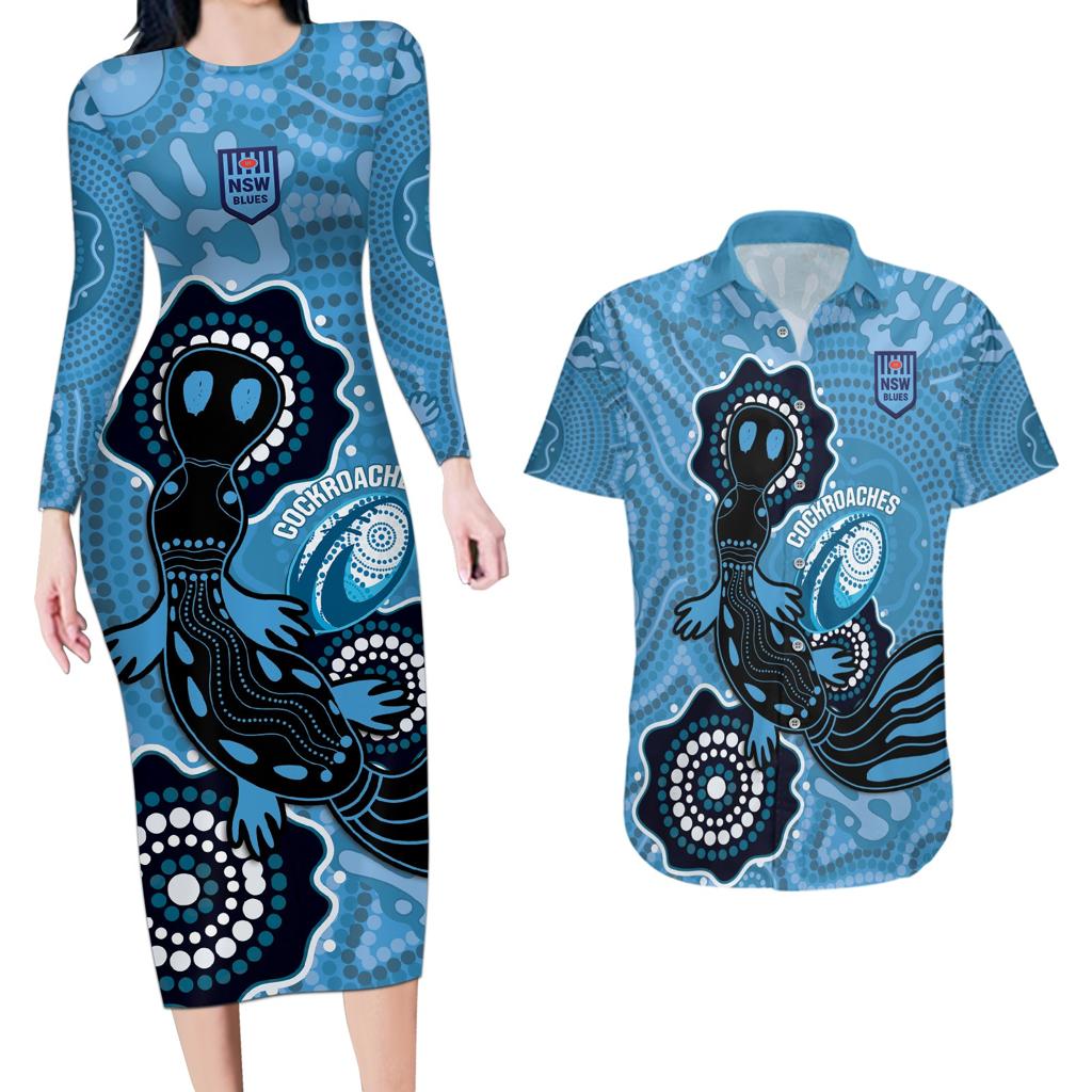 Custom NSW Blues Rugby Couples Matching Long Sleeve Bodycon Dress and Hawaiian Shirt 2024 Platypus Mix Aboriginal Art