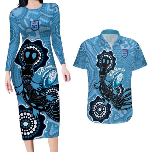 Custom NSW Blues Rugby Couples Matching Long Sleeve Bodycon Dress and Hawaiian Shirt 2024 Platypus Mix Aboriginal Art