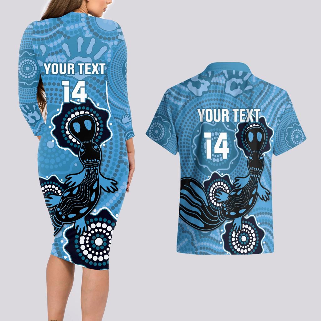 Custom NSW Blues Rugby Couples Matching Long Sleeve Bodycon Dress and Hawaiian Shirt 2024 Platypus Mix Aboriginal Art