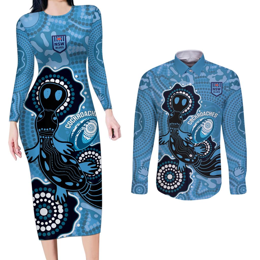 Custom NSW Blues Rugby Couples Matching Long Sleeve Bodycon Dress and Long Sleeve Button Shirt 2024 Platypus Mix Aboriginal Art